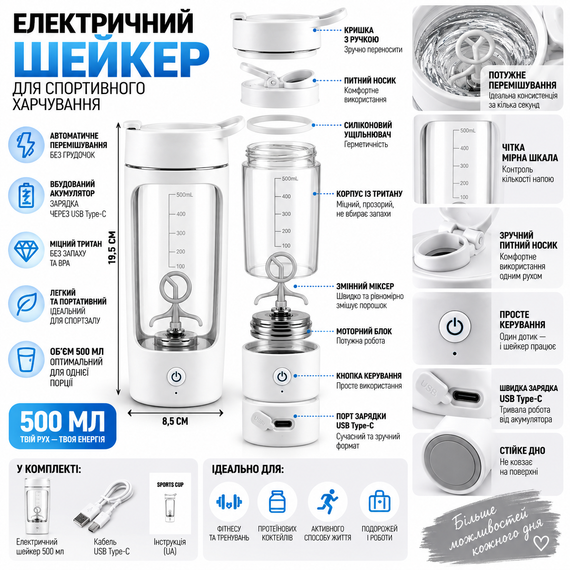 Электрический шейкер для спортивного питания 500 мл — аккумуляторный автоматический миксер из тритана, белый | Зображення 2