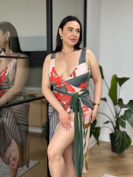 Суцільний купальний PLUS SIZE з парео тропічний принт | Зображення 1