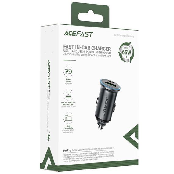 АЗП Acefast B15 PD20W+QC3.0 total 65W (1USB-A/1C) Gray | Зображення 1