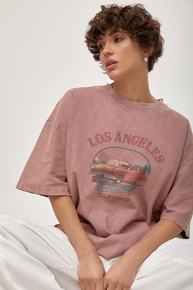 Футболка в стилі тай-дай із принтом авто - пудра цвет, ONE SIZE (є розміри)