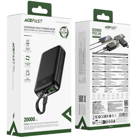 УМБ Acefast 20000mAh 22,5W PD,QC3.0 USB-A+USB-C In/Out,build-in cable M14 Black | Зображення 2