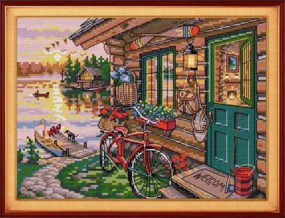 Набор для вышивания по нанесённой на канву схеме "Riverside hut".AIDA 14CT printed , 30*21 см