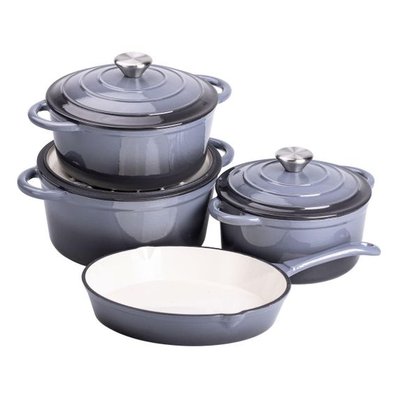 Набір чавунного посуду для приготування 3 каструлі та сковорода з емальованим покриттям Сірий HP-1-5