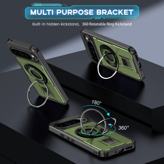 Google Pixel 9 Pro Противоударный чехол накладка Ring Magnet Carbon с кольцом зеленый | Зображення 1
