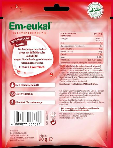 Em-eukal Gummidrops Wildkirsche & Salbei – Жевательные конфеты с витамином С, вишней и шалфеем, 90 г, Германия | Зображення 1