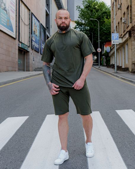 Мужской летний костюм оверсайз с шортами и футболкой BD0023 цвет хаки, размер XL | Зображення 1