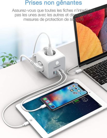 Сетевой удлинитель TESSAN USB Power Strip Cube, 3 розетки, 3 USB-порта, выключатель, 1.5 м, серый | Зображення 1