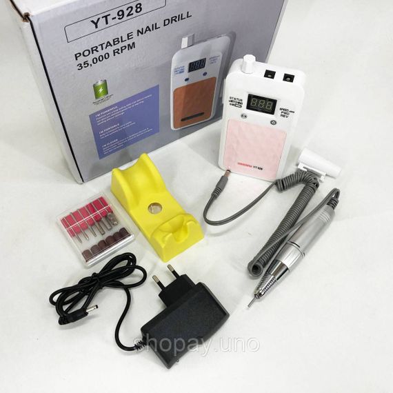 Портативный Фрезер для ногтей Nail Drill YT-928 аккумуляторный с индикатором заряда на 35 000 оборотов. Цвет: белый | Зображення 4