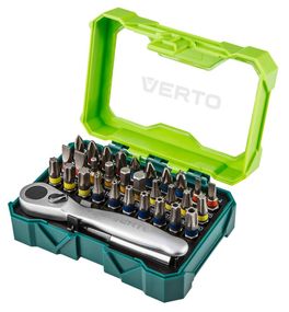 Біти Verto , набір 32шт, 1/4', бітотримач, ключ з тріскачкою, SL,PH,PZ,H,TT,TX, 25мм, CrV, кейс (66H622)