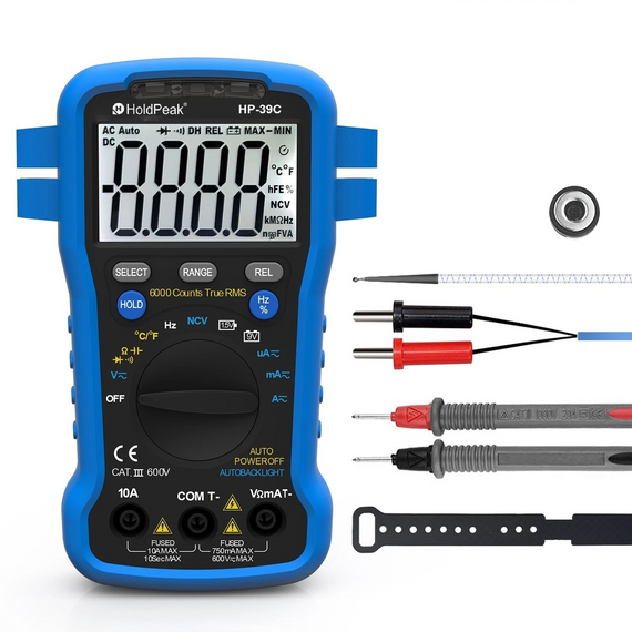 Мультиметр HoldPeak HP-39C компактный цифровой (TrueRMS 6000 отсчетов 600В 10А AC/DC 60МОМ 60mF 1000°C 10MHz N | Зображення 4