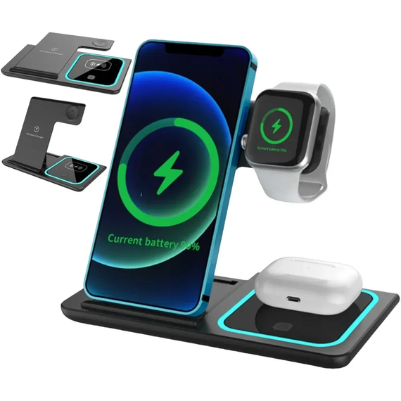 Зарядная станция 3в1 / Беспроводное зарядное устройство 3в1 для смартфона/смарт-часов/наушников | Зображення 3