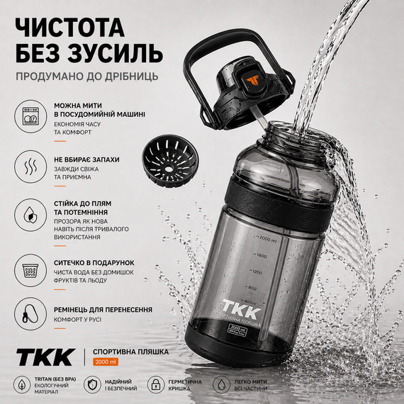 Спортивная бутылка TKK 2000 мл, Tritan (BPA-free), черная. Ударопрочная бутылка с трубочкой и ремешком для фитнеса и тренировок | Зображення 3