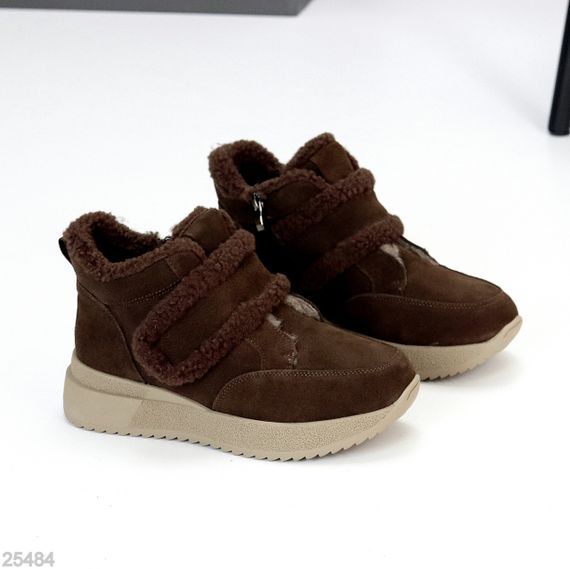 Шоколадные замшевые зимние спортивные ботинки, молния + липучка | Зображення 3