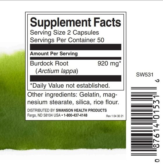 Корень лопуха Swanson Burdock Root 460 mg 100 Caps | Зображення 1