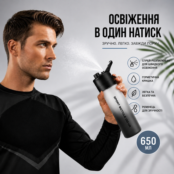 Бутылка для воды спортивная с спреем-распылителем 650 мл SPORT BOTTLE OD UA матовая с ремешком/ручкой для спорта и велосипеда | Зображення 6