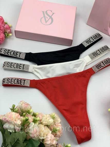 Подарунковий Набір жіночих стрінгів Victoria`s Secret (3 шт) стрінги зі стразами у брендовій коробці