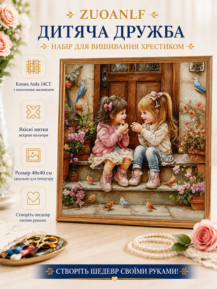 Набор для вышивки крестом ZUOANLF "Детская Дружба" 14CT, 40x40 см, канва Аида с нанесенным рисунком | Зображення 1