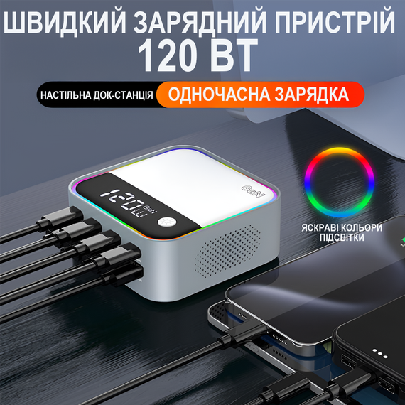 8в1 Многопортовое зарядное устройство Addap MCS-M8, док-станция для зарядки на 4 порта Type-C PD + 4 USB-A, с цветной RGB подсветкой, GaN 120W | Зображення 2
