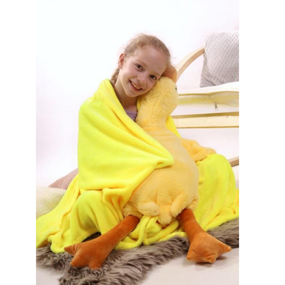 М'яка іграшка Гусь-обіймусь 91 см подушка з пледом усередині, затишний жовтий гусак | Зображення 9