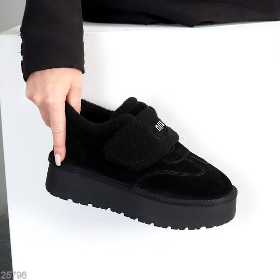 Молодежные черные угги автоледи натуралки с мехом тедди на липучке | Зображення 3