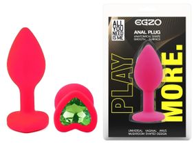 Анальная пробка EGZO Silicone Pink Heart Plug Green S, розовая силиконовая, зеленый кристалл Sex Aura