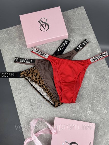 Подарунковий набір жіночих мереживних трусиків Victoria's Secret (3 шт) бразиліана зі стразами в брендовій коробці Гладкі 3 шт. на | Зображення 3