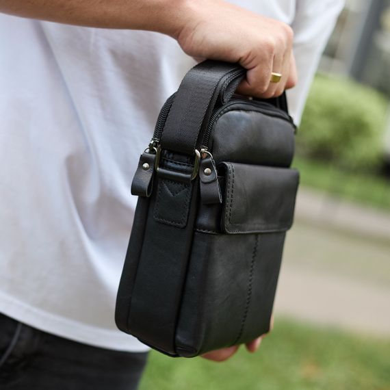 Чоловіча шкіряна сумка, барсетка з натуральної шкіри 24х18х8, сумочка для чоловіків, чорна | Зображення 7