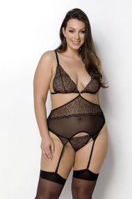 Корсет із пажами Passion AMBERLY CORSET 4XL/5XL, black, асиметричний крій, мережива, стрінги Sex Aura
