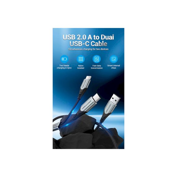 Дата кабель USB 2.0 AM to 2хUSB-C M 1.0m Y-Splitter Charging Cable 2.4А 480Mbps Aluminum Al Vention (CQOHF) | Зображення 2