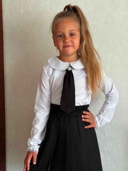 Детская школьная блуза на девочку с кружевом с длинными рукавами цвет белый размер 146, SBR240 | Зображення 4