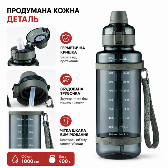 Удобная спортивная бутылка с соломинкой 1000 мл из тритана берюзовая | Зображення 4