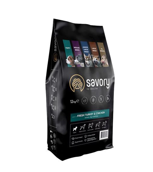 Корм Savory Junior Large Breed Fresh Turkey & Chicken сухий з індичкою та куркою для цуценят та юніорів великих порід 12 кг