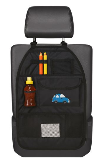 Автомобильный органайзер на спинку сиденья с карманами, детским дизайном, местом для бутылки черный с машинкой