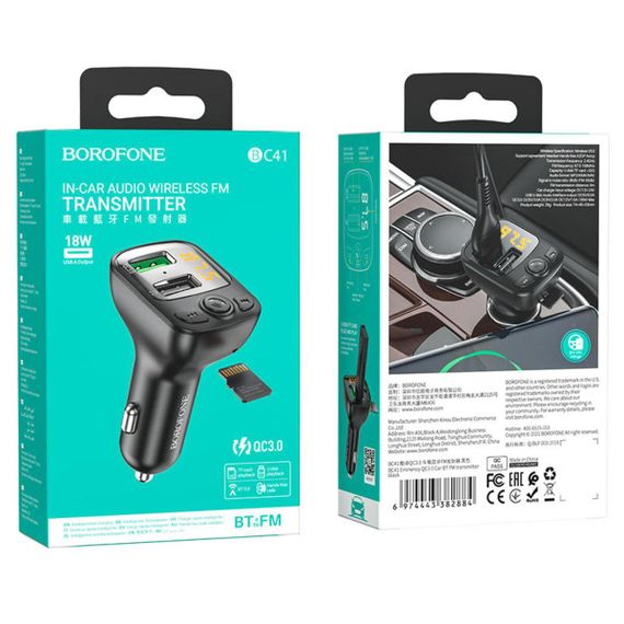 АЗП з FM-модулятором BOROFONE BC41 Eminency QC3.0 Car BT FM transmitter Black | Зображення 5