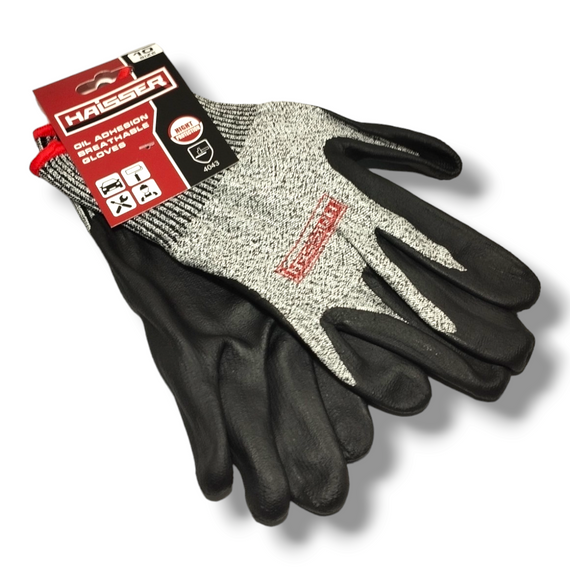 Рукавички захисні сірі із захистом від порізів та чорним нiтриловим покриттям, червоний оверлок HAISSER (211222)