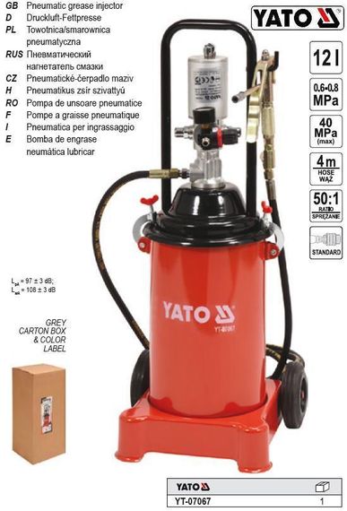 Мастильний апарат пневматичний YATO, з бачком - 12 л, для тиску - 0,8 MPa, тиск на виході - 300-400 Bar