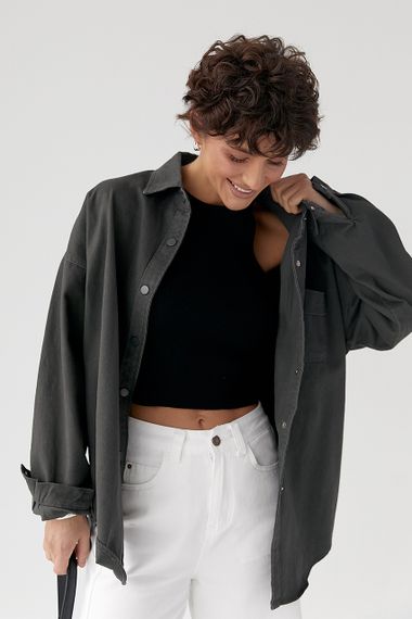 Вільна котонова сорочка на кнопках - сірий цвет, ONE SIZE (є розміри) | Зображення 4