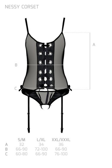 Корсет зі шнурівкою Passion NESSY CORSET L/XL black, стрінги з відкритим доступом, пажі для панчіх | Зображення 6