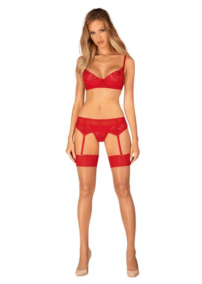 Панчохи Obsessive Ingridia stockings M/L, бежеві з червоною резинкою | Зображення 3
