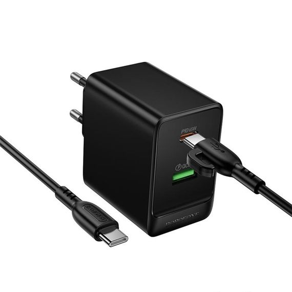 МЗП Borofone BAS17A Erudite PD65W+QC3.0 (1USB-A/1C) + кабель Type-C to Type-C Black | Зображення 2
