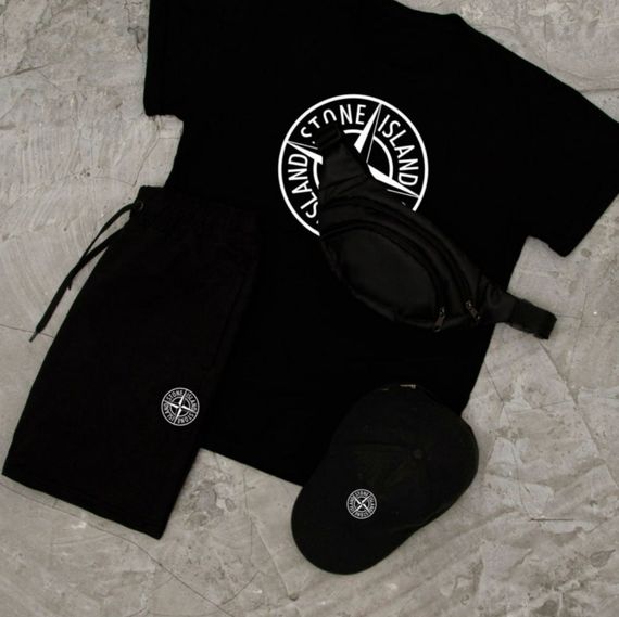 Костюм футболка + шорти + кепка та бананка Stone island колір чорний | Зображення 1