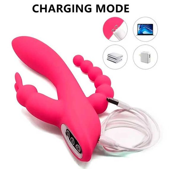 Вагинально-анальный вибратор Super Rebbit 3в1 12 режимов Фуксия | Зображення 3