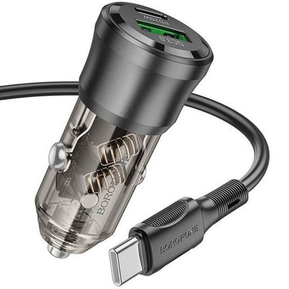 АЗП Borofone BZ25 Journey PD20W+QC3.0 total 38W (1USB-A/1C) + кабель Type-C to Type-C Transparent black | Зображення 2