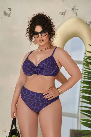 Роздільний фіолетовий леопардовий купальник Plus Size з твердими чашками