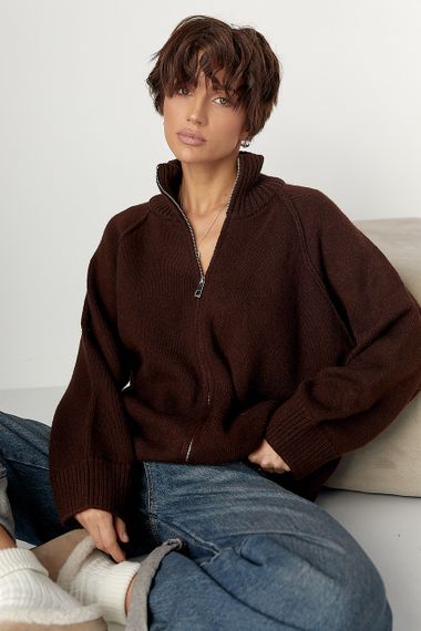 В'язаний кардиган на блискавці вільного фасону - коричневий цвет, ONE SIZE (є розміри)