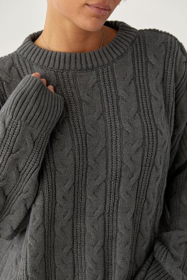 Вільна в'язана кофта в косички - сірий цвет, ONE SIZE (є розміри) | Зображення 3