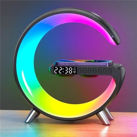 Настільна лампа з будильником G-Smart Light Sound Machine Бездротова зарядка 15W та Bluetooth колонка Black | Зображення 1
