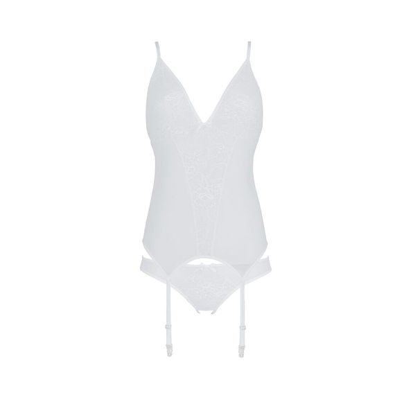 Корсет із пажами, трусики з ажурним декором та відкритим кроком Passion URSULA CORSET S/M, white | Зображення 2