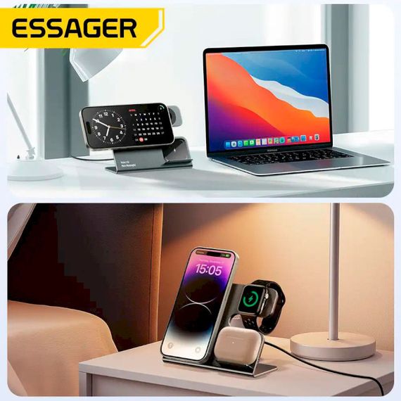 Бездротовий зарядний пристрій Essager  Ruicheng desktop magnetic suction three in one wireless charging of 15W black | Зображення 3