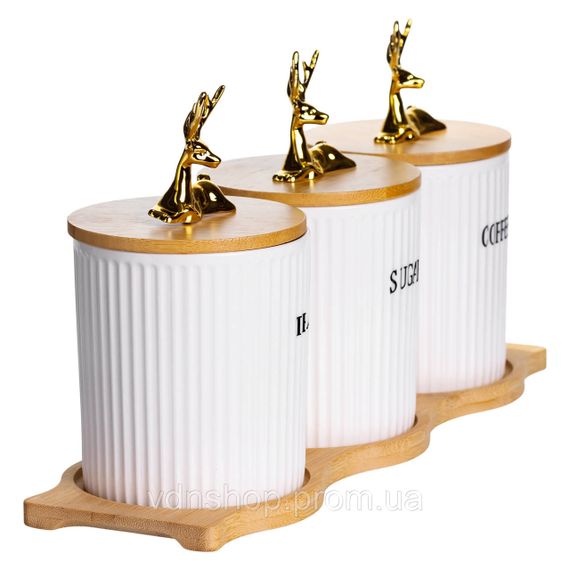 Набор фарфоровых банок для сыпучих на подставке 3 шт по 400 мл для чая кофе сахара SCT-652 | Зображення 3